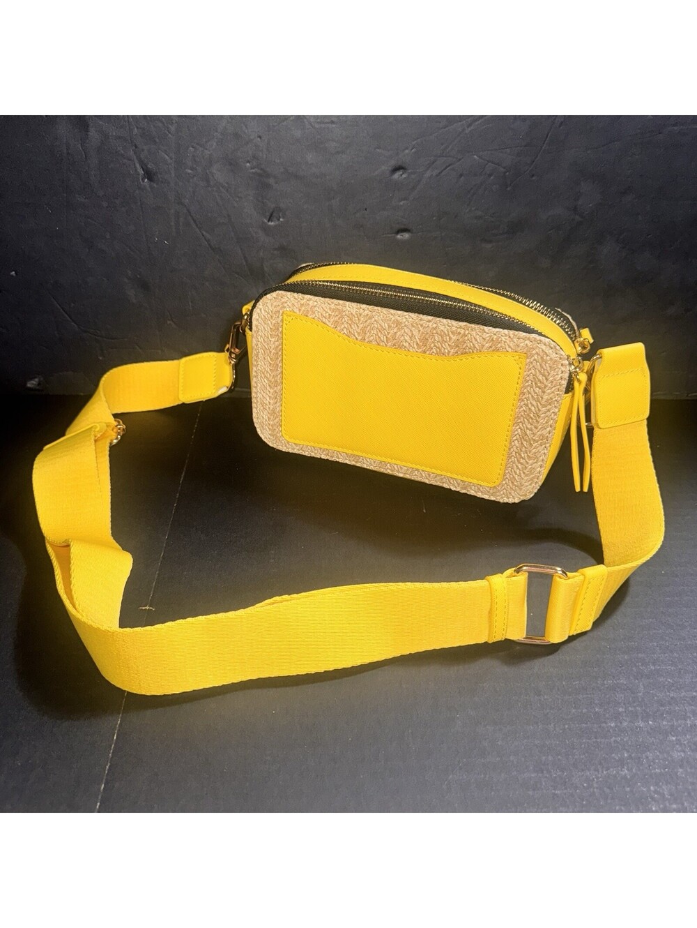 MMS Yellow Woven Raffia Crossbody Bag Double Zip Purse Spring/Summer Handbag